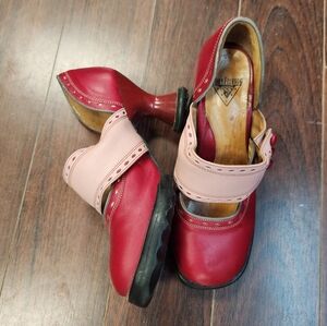 Red and Pink Leather Heels with Ankle Strap